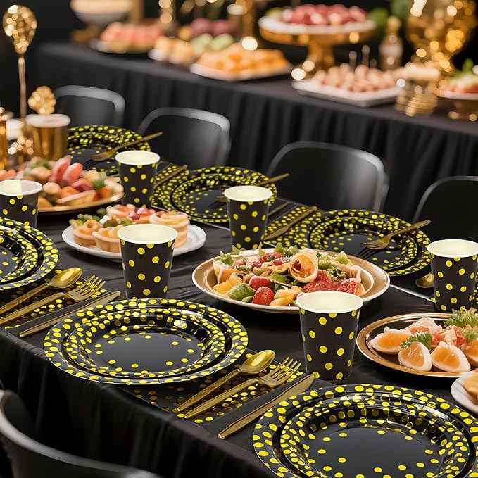Black and Gold Dots Plates Set for 24 Guests,168PCS Disposable Dinnerware Party Supplies,Paper Plates Napkins Cups Gold Forks Knives Spoons for Birthday Graduation Retirement Anniversary Wedding Party