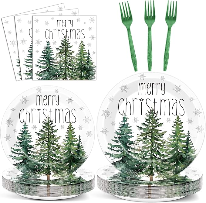 96Pcs Christmas Paper Plates and Napkins for Merry Christmas Watercolor Cedar Snowflake Party Supplies Xmas Pine Trees Party Tableware Set for 24 Guests Holiday Winter Xmas Party Decorations