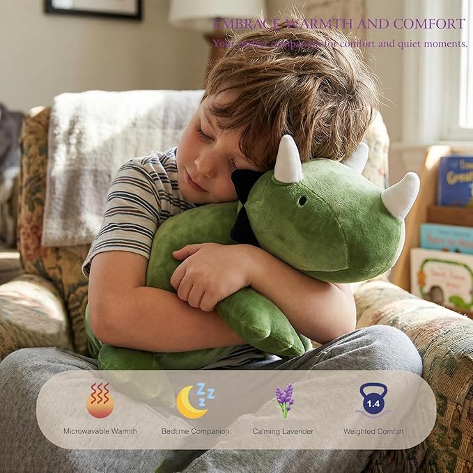 KOWSI® Microwavable Heating Pad Green Triceratops Plush - 1.4 Lb Weighted Stuffed Animal Toy with Tourmaline Beads & Lavender - 16" Squished Long Dinosaur Pillow - Lumbar Back Cushion Lasting Warmth