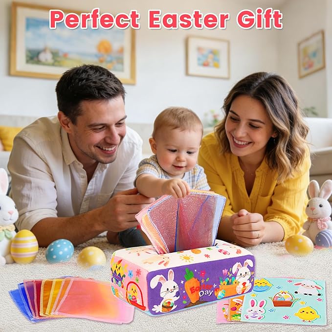 Easter Baby Toys - Easter Basket Stuffers for Babies 6-12 Months - Baby Tissue Box Toy Montessori Soft Stuffed Bunny High Contrast Crinkle Infant Sensory Toys 6 7 8 9 Months Easter Boy Girl Gifts