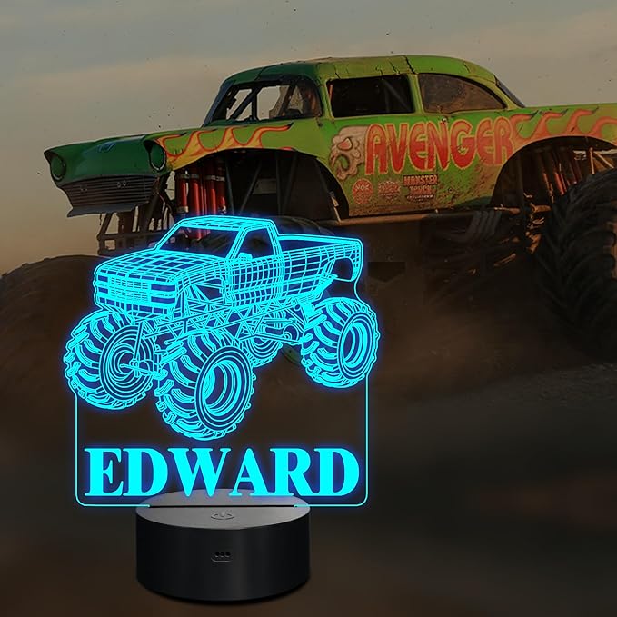 CoolGift Mart Customized Monster Trucks Night Light for Boys, 3D LED Optical Illusion Lamp with Remote Control and Timer, Perfect Christmas and Birthday Gift Idea for Boys, Kids, and Teens