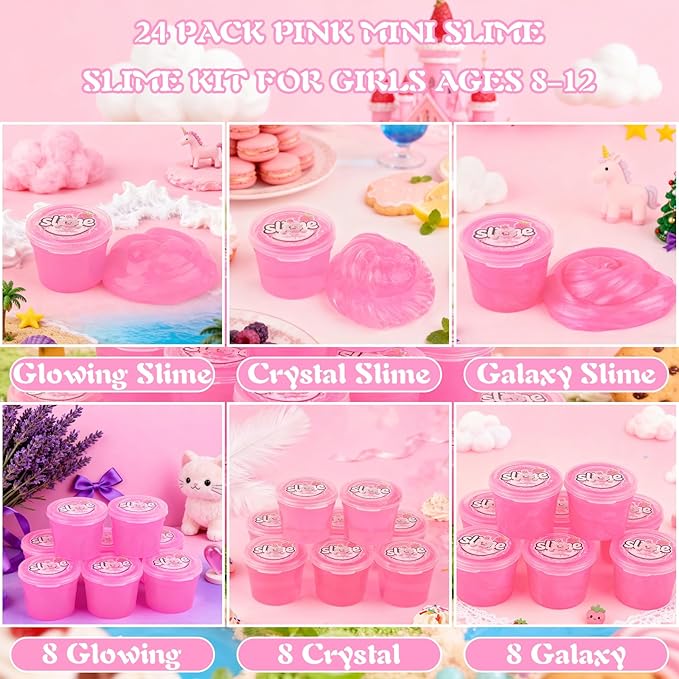 24 Pack Pink Slimes, Mini Glow in the Dark & Galaxy Bulk Slime, Easter Party Favors Kit, Stretchy Stress Relief for Kids, Soft Putty DIY Toy, Girls and Boys Classroom Prize Gift