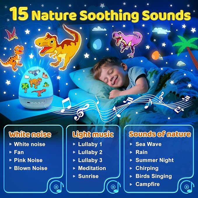 Dinosaur Egg Light for Nursery Sound Machine | 15 Sleeping Sounds+12HD Films+360°Rotating | Dnio Gifts for Kids Primal Hatch Dinosaur Egg Night Light for Nursery Boy Toys Hatch Sound Machine Lights