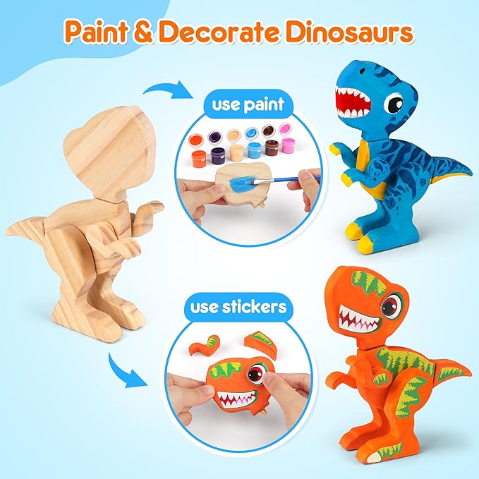 Mocoosy Wooden Dinosaur Painting Art and Craft Kit for Kids 3-5, Build & Decorate Your Own Dinos with Paint & Stickers, Wood Dinosaur Builder Game Montessoi Educational Toy Gift Toddler Boys Girls 4-8