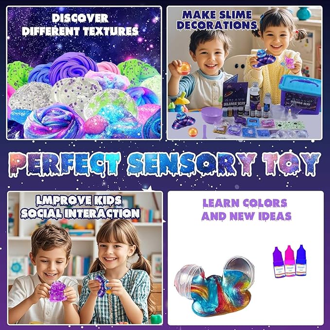Funewest Slime Kit for Boys, Mini Galaxy Slime Making Kit with Glow in the Dark Stickers, Glitter, Beads & Charms – Creative DIY Crafts & Stress Relief Sensory Toy Gifts for Girls Ages 6-12