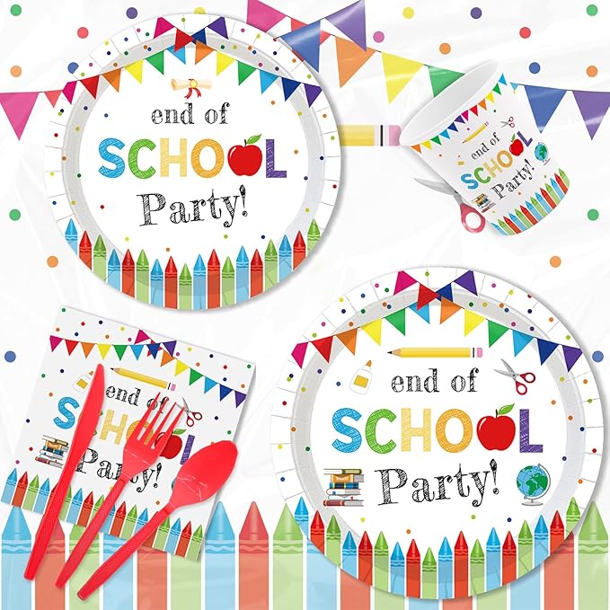 MEHOFOND End of School Party Decorations Tableware Set 193 Pcs, School Out Graduation Disposable Plates Cups Napkins Cutlery with Plastic Tablecloth for Kids Classroom Graduation Party