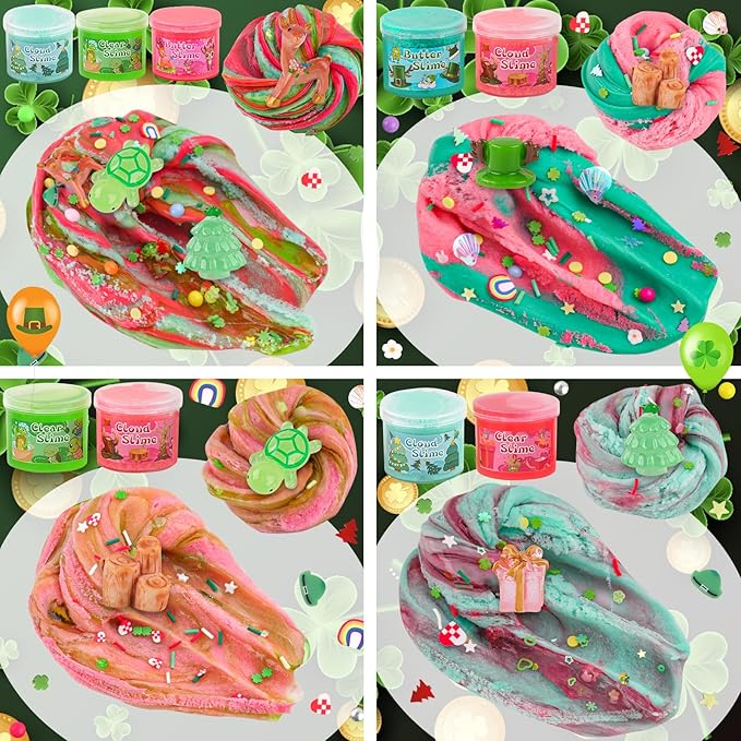 LAWOHO 6 Packs Red & Green Slime for Kids- Clear, Butter, Cloud Slime Making Kit with Glow in The Dark Add-ins & Charms, Slimes Kit for Boys & Girls Party Favors, Birthday St Patricks Day Easter
