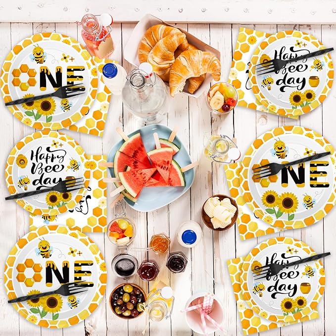 Qyeahkj 100 Pcs Bee 1st Birthday Party Supplies Paper Plates and Napkins Set Disposable Bee First Birthday Tableware Decorations for Bees Theme Baby Shower Serves 25