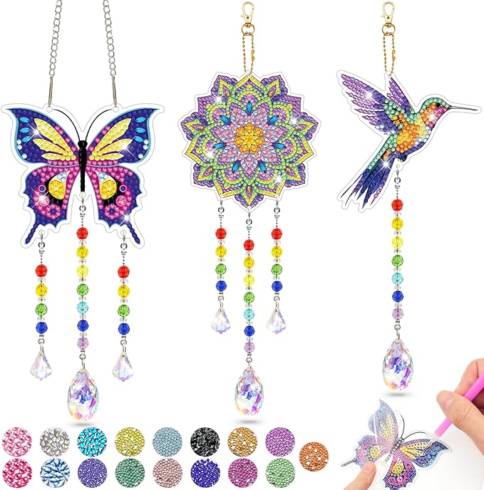 Arts and Crafts for Kids Ages 8-12, Diamond Art Kits for Kids Birthday Gifts for 5 6 7 8 9 10 11 Year Old Girls Diamond Painting Kits for Adults Teen, Gem Art Suncatcher Wind Chime for Home Garden