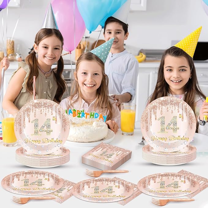 96 Pcs Rose Gold 14th Birthday Party Plates and Napkins for Girls Rose Gold Party Supplies Pink Happy 14 Years Birthday Party Tableware Set for 24 Guests Party Decorations