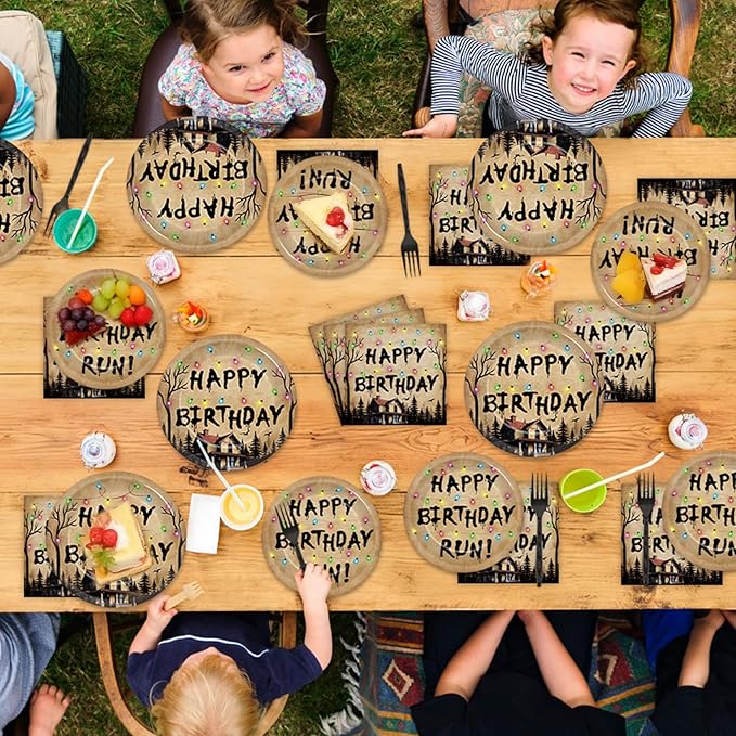 96Pcs Spooky Rustic Alphabet Party Plates and Napkins Retro Scary House Decor Retro Colorful Light Bulbs Paper Dessert Cake Plates Horror Alphabet Tableware Set for Halloween Party Supply 24 Guests