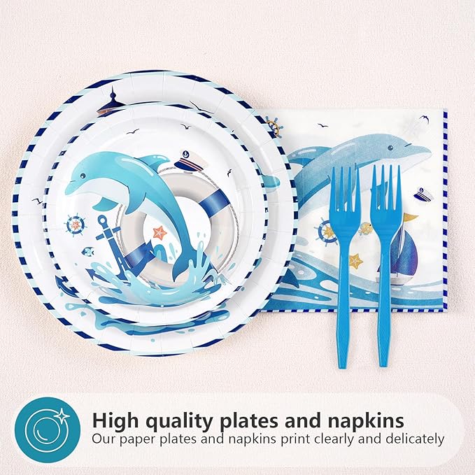 96Pcs Dolphin Party Supplies Funny Ocean Dolphin Nautical Plates and Napkins Disposable Cute Under the Sea Animal Tableware Set for Kids Nautical Baby Shower Birthday Party Decorations Serves 24