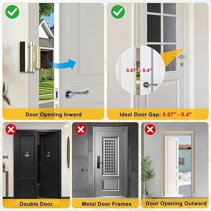 Home Security Door Locks 2 Pack, Metal Door Reinforcement Locks, 3" Withstands 1000 lbs of Impact for Inward Swing Doors, Defender Security Door Lock, Prevent Unauthorized Entry (Gold)