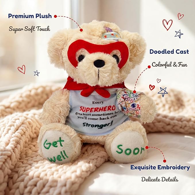 Broken Arm Gifts for Kids, Superhero Get Well Soon Bear with Switchable Cast (Fits Left or Right Arm), 8 Inch Stuffed Animal for Surgery Recovery, Broken Wrist, Tonsillectomy, Brave Boys & Girl