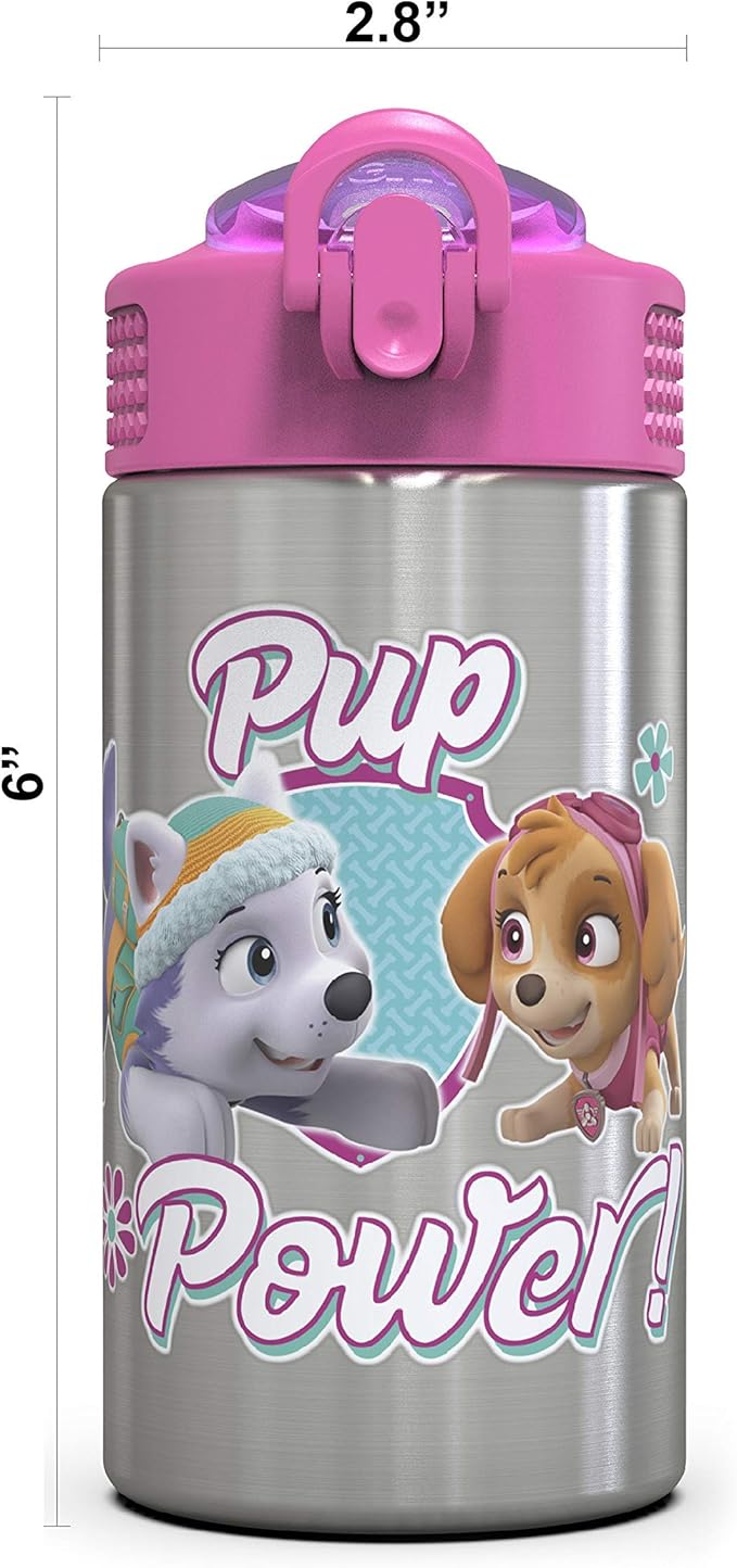 Zak Designs Paw Patrol Skye - Stainless Steel Water Bottle with One Hand Operation Action Lid and Built-in Carrying Loop, Straw Spout is Perfect for Kids (15.5 oz)