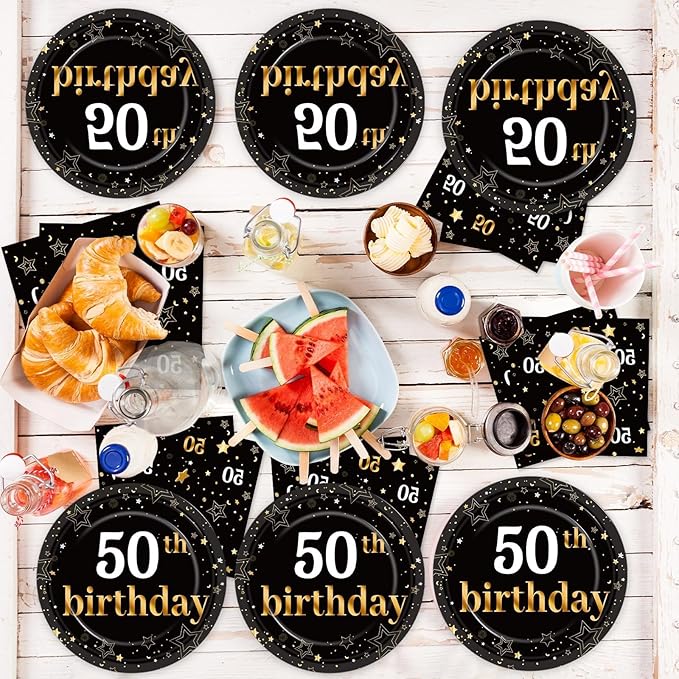 50th Birthday Party Supplies Serves 24 Black and Gold 50 Years Old Party Paper Dessert Plates Napkins Cheers to 50 Years Decorations Tablecloth Set Tableware Kit for Man Retirement Graduation