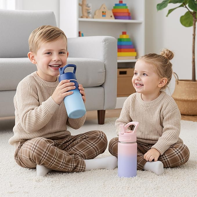 Fijinhom 12oz Kids Water Bottle for School, Toddler Bottles with Straws, Stainless Steel Vacuum Insulated Water Bottle for Boys&Girls, Leak-Proof, BPA-Free, Pink