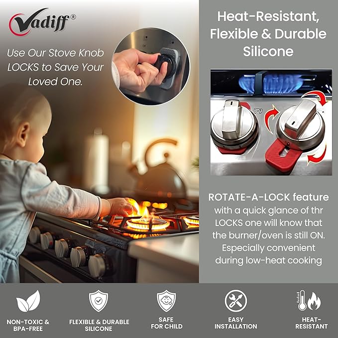 2025-26 Mom's Choice Winner- Gas Stove Knob Locks Thick Gray Silicone Stove Knob Safety Covers for Toddlers Pets - Child Proof Universal Size Knobs - Baby Proofing Protectors for Electric Stoves- 5Pcs