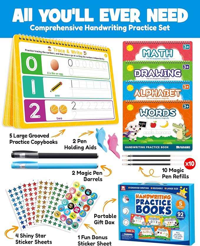Magic Grooved Writing Practice Books for Kids, Large Grooved Handwriting Copybook, Reusable Learn to Write Number Letter Preschool Tracing Workbook for Kids Ages 3-8, Birthday Gifts Toys