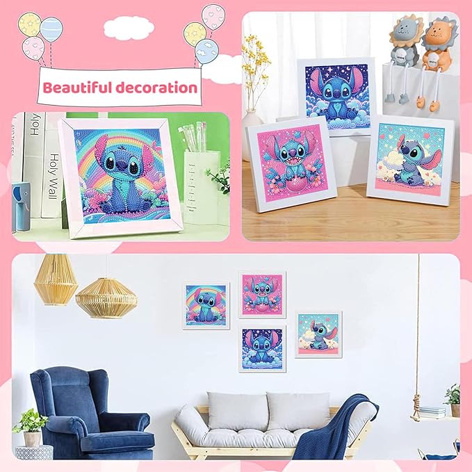 KOJEFCV 4 PCS Diamond Art Painting Kits for Kids, Cartoon Diamond Art for Kids Ages 4-8-12, Cartoon Gem Painting Kit Crafts Beginners for Gift Home Wall Decor (6x6 inch)