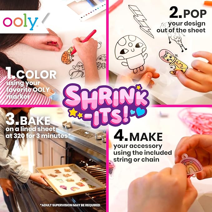 Ooly 28 PC DIY Shrinking Art Kit for Kids, 20 Plastic Pre Cut Charms and More, No Mess Creative Activity Jewelry Making Kit - Cute Crew
