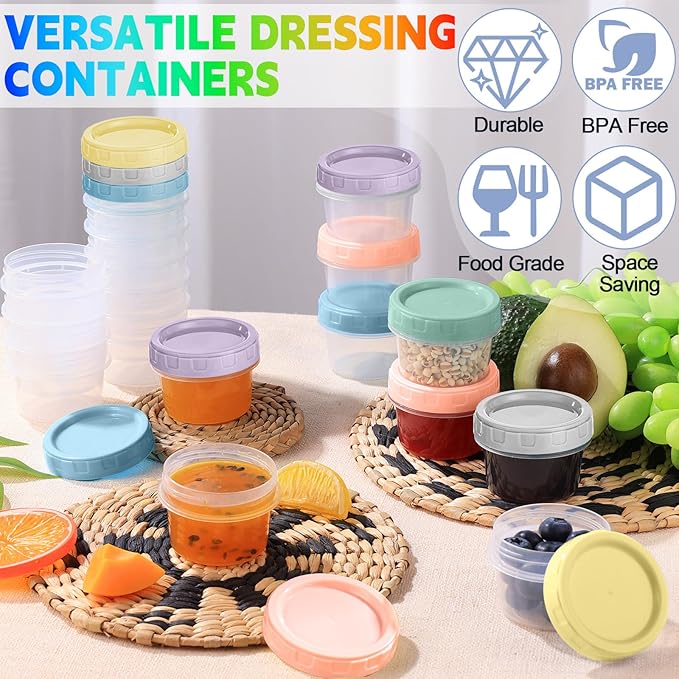 Yomarket 24pcs 2 oz Salad Dressing Container To Go Small Sauce Containers with Lids, Reusable Condiment Cups for Lunch Box, Leakproof, Freezer, Microwave & Dishwasher Safe