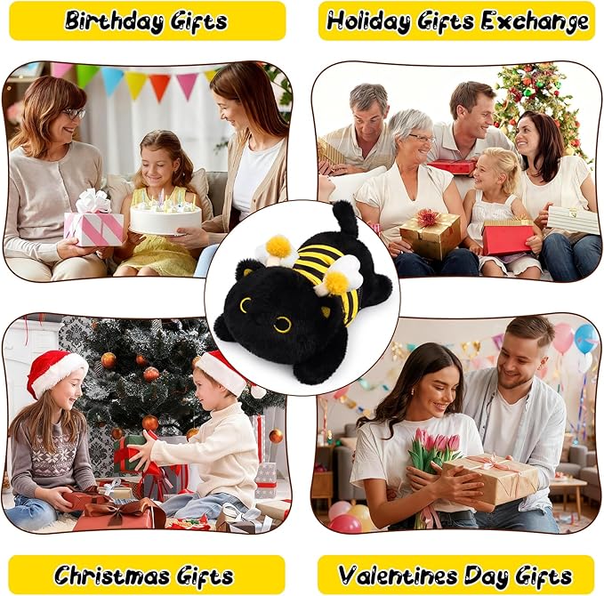 Weighted Cat Stuffed Animal,Bee Black Cat Plush Soft Weighted Plushies,Cute Plush Toys with Removable Honeybee Outfit Costume,Sensory Comfort Huggable Weighted Plush Animals Gifts for Kids