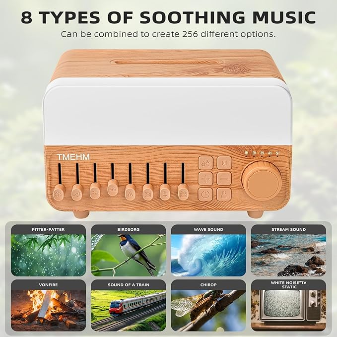 TMEHM 4-in-1 Sleep Sound Machine with White Noise & 8 Nature Sounds, Bluetooth Speaker, Night Light & Aroma Diffuser with Timer for Baby, Kids and Adults (Wood Grain Finish)