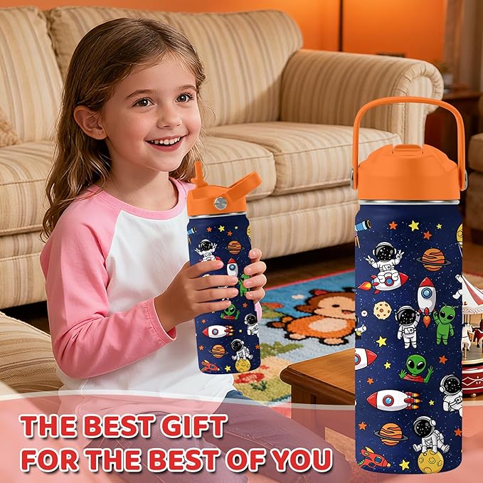 Space Astronomy Gifts for Kids - 18 Oz Kids Water Bottle with Straw Lid, Stainless Steel Insulated Tumbler, Leak Proof, BPA-Free, for Boys, School, Travel - Universe Children Birthday Gifts Cups(1pc)