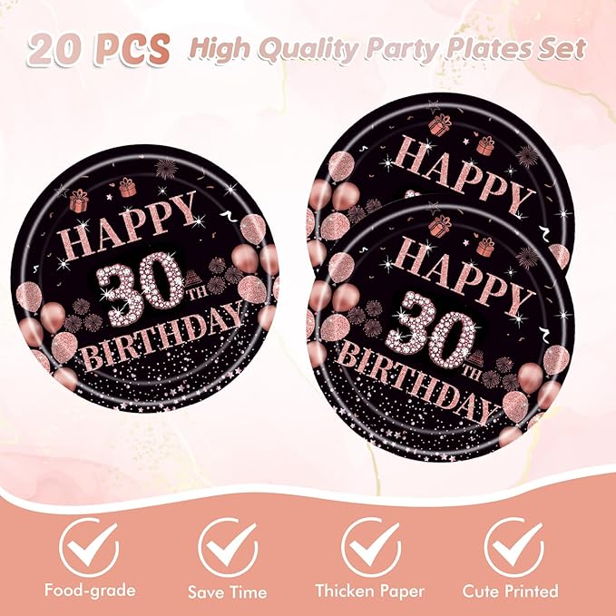 41pcs 30th Birthday Decorations for Her, 30th Birthday Decorations for Women, Rose Gold 30th Birthday Supplies for 20 Guest Happy 30th Birthday Party Tableware Includes Plates Napkins and Tablecloth