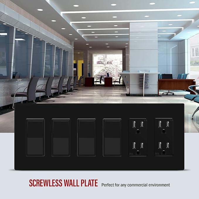 ENERLITES Screwless Decorator Wall Plate Child Safe Outlet Covers, Size 6-Gang 4.68" H x 12.00” L, Unbreakable Polycarbonate Thermoplastic, SI8836-BK, Glossy, Black
