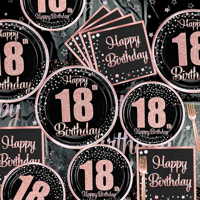 18th Black and Rose Glod Birthday Decorations for Boys Girls - 81 Pcs Plates, Napkins, 18th Tablecloth, Forks for Black and Rose Gold Party Decorations Serve 20