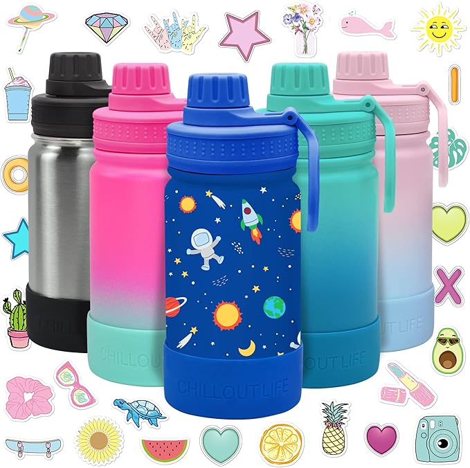 CHILLOUT LIFE 12 oz Kids Insulated Water Bottle for School with Leakproof Spout Lid and Cute Waterproof Stickers, Personalized Stainless Steel Thermos Flask Metal Water Bottle, Blue Space