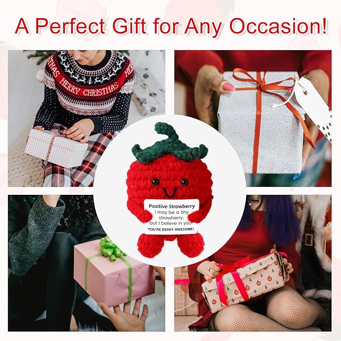 TOYMIS Cute Positive Strawberry, Crochet Strawberry Emotional Doll Support Fruit Knitted for Empowering Gift Home Office Decoration (Red)