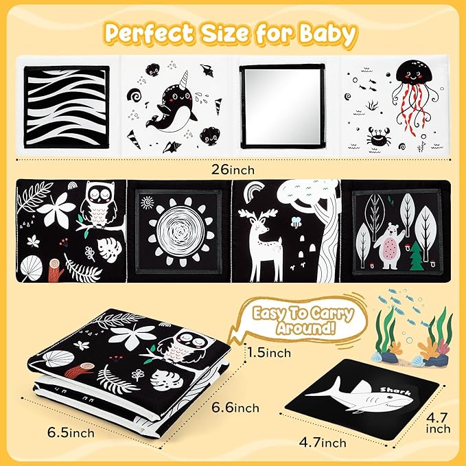 URMYWO Tummy Time Mirror Toys, Visual Stimulation Learning Cards, High Contrast Black and White Baby Toys for Newborn, Soft Baby Book for Infant 0-12 Months, Baby Boy Girl Shower Gift
