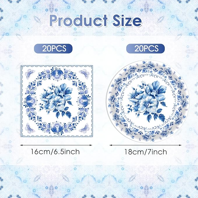 40 PCS Floral Birthday Decorations Blue and White Flower Theme Disposable Tableware Blue Plates and Napkins Party Supplies for Wedding Baby Shower Bridal Shower Holiday Birthday Party Supplies