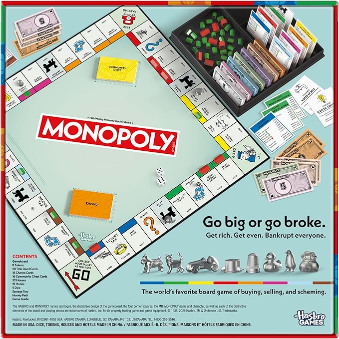Monopoly Board Game | Classic Game with Storage Tray and Larger Tokens | Ages 8+ | 2 to 6 Players | Family Games for Kids and Adults | Kids Gifts