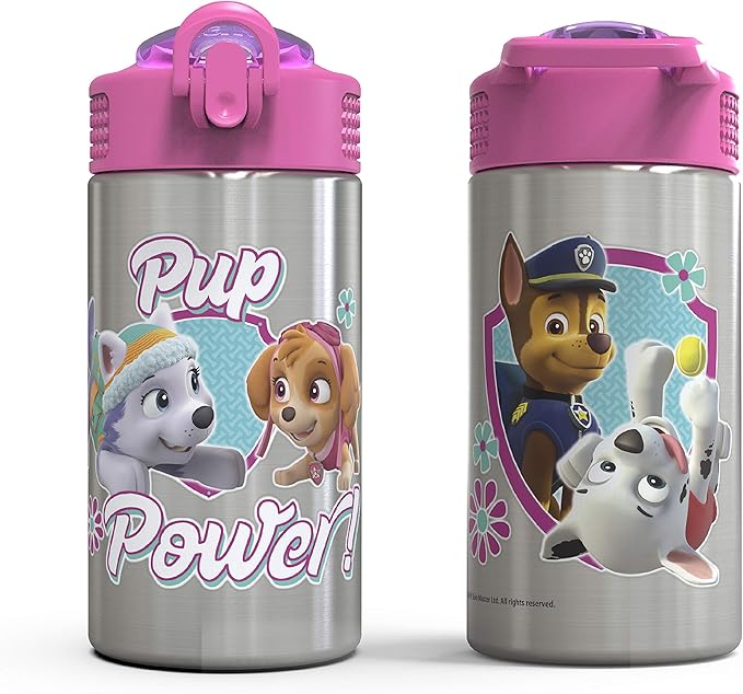 Zak Designs Paw Patrol Skye - Stainless Steel Water Bottle with One Hand Operation Action Lid and Built-in Carrying Loop, Straw Spout is Perfect for Kids (15.5 oz)