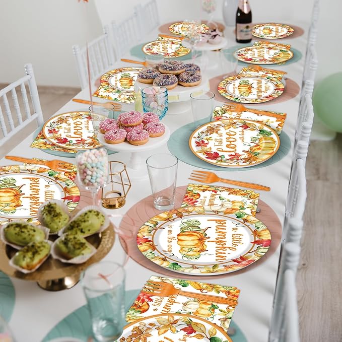 96 Pcs Little Pumpkin Baby Shower Party Plates Napkins Tableware Set Fall Baby Shower Supplies Disposable Dinnerware A Little Pumpkin is On The Way Decoration Favors for Thanksgiving Party，24 Guests