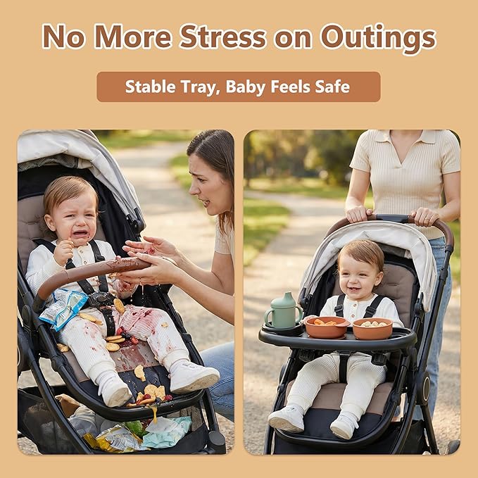 Li&Zhao Universal Stroller Snack Tray 3-in-1 Detachable Stroller Snack Tray Attachment with Secure Phone Holder, Spill-Proof Cup Holders Compartments, Easy-Clean Universal Snack Tray for Stroller