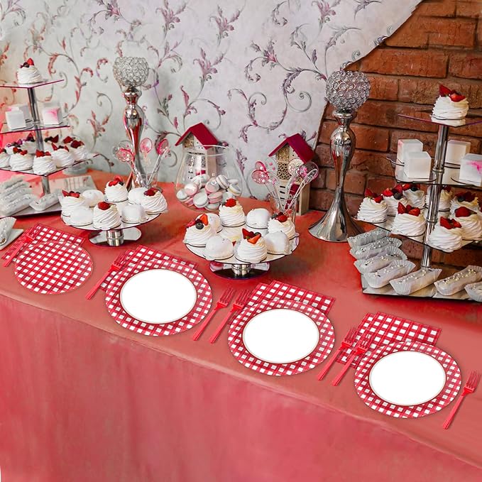 Tevxj 96 PCS Picnic Party Plates Red and White Gingham Checkered Plaid Party Tableware Barbecue Disposable Paper Plates Napkins Forks Birthday Party Decorations Supplies Favors for 24 Guests