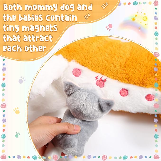 Honoson Nurturing Dog Mommy Plush Set with 4 Baby Puppies Soft Cute Dog Themed Stuffed Plush Toys for Kids Girls Boys Easter Birthday Gifts(Corgi)