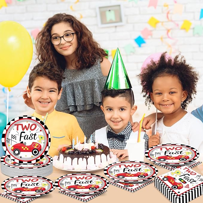 48Pcs Two Fast Plates and Napkins Two Years Old Birthday Party Decorations set Race Car 2nd Party Supplies Racing 2 fast Birthday Racing Sports Themed Disposable Tableware for Kids Boys Serves 24