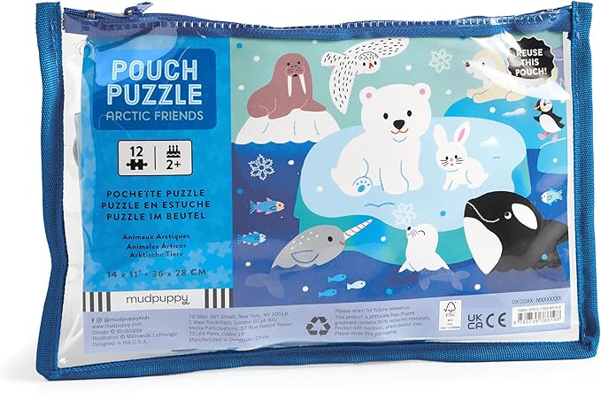 Mudpuppy Arctic Friends – 12 Piece Puzzle with Reusable Zipper Pouch Featuring Colorful and Fun Illustrations of Arctic Polar Animals Perfect for Easy Storage and Travel