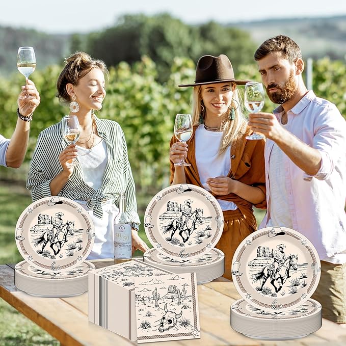 CHUNNIN 50Pcs 7in Western Party Paper Plates and Napkins Cowboy Dessert Cake Plates Rodeo Bachelor Theme Decorations Wild West Tableware Set Serves 25 Guest Cowboy Birthday Party Supplies