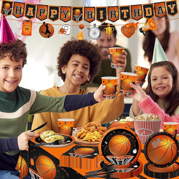 CMUSKO Basketball Party Supplies, 142Pcs Basketball Sports Theme Birthday Party Supplies Tableware Set,Include Basketball Plates and Napkins,Cups,Banner,Tablecloth for Basketball Birthday Decorations