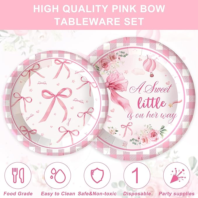 120 Pink Bow Baby Shower Decorations for Girl,Pink Bow Birthday Party Supplies Include Bow Plate,Napkin, Welcome Baby Girl Decorations for Coquette Bow Party Serves 20