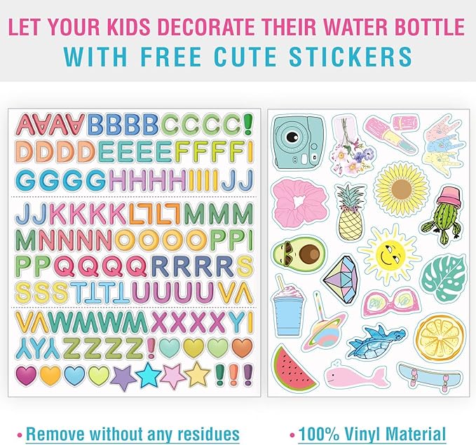 CHILLOUT LIFE 17 oz Kids Insulated Water Bottle for School with Straw Lid Leakproof and Cute Waterproof Stickers, Personalized Stainless Steel Thermos Flask Metal Water Bottle, Dishwasher Safe Color