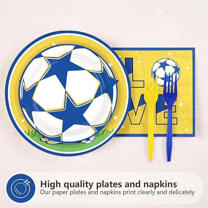 96Pcs Soccer Birthday Party Supplies Blue Yellow Football Plates and Napkins Blue Gold Soccer Star Champion Tableware Set for Football Fan Birthday Baby Shower Sport Party Supplies Serves 24