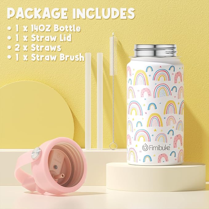 Fimibuke Kids Insulated Water Bottle, 14oz BPA FREE 18/8 Stainless Steel Travel Tumbler Double Wall Vacuum Leak Proof Kids Cup with Straw Metal Water Bottle for School Boys Girls(1 Pack, Rainbow)